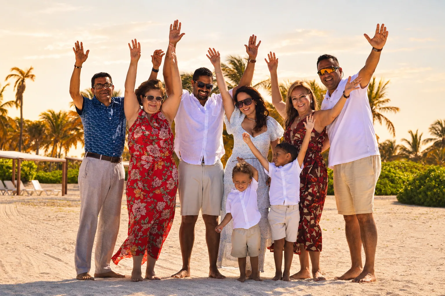 Familia celebrando en una playa del Caribe